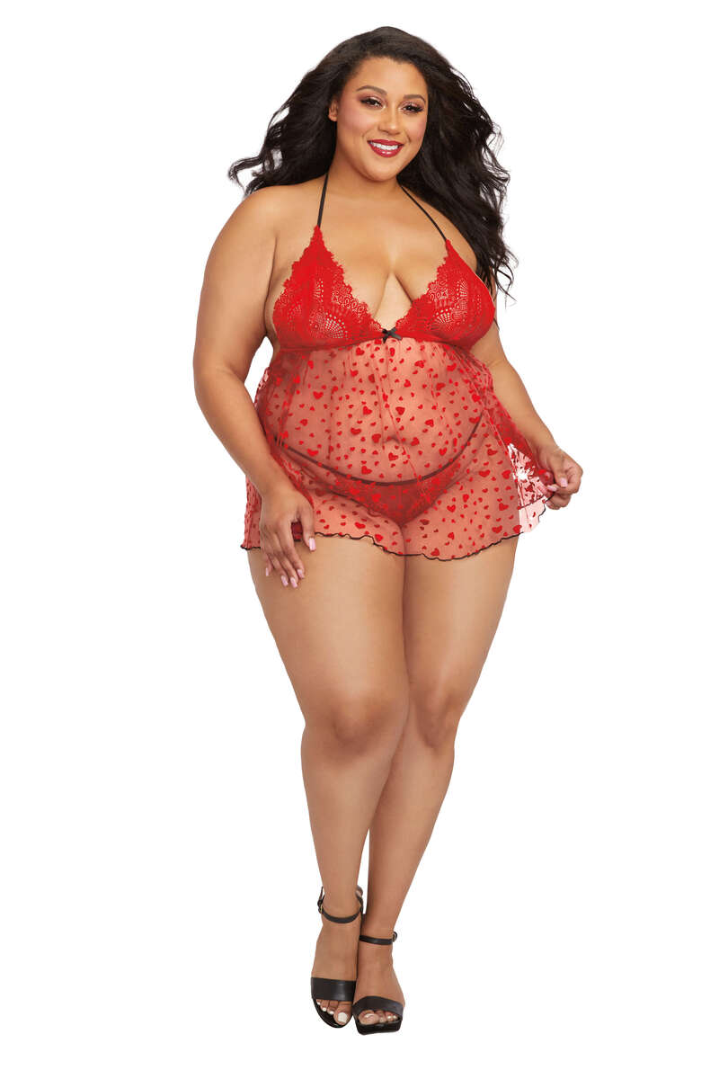 Plus Size Crisscross Mesh Babydoll with G-String main image 1